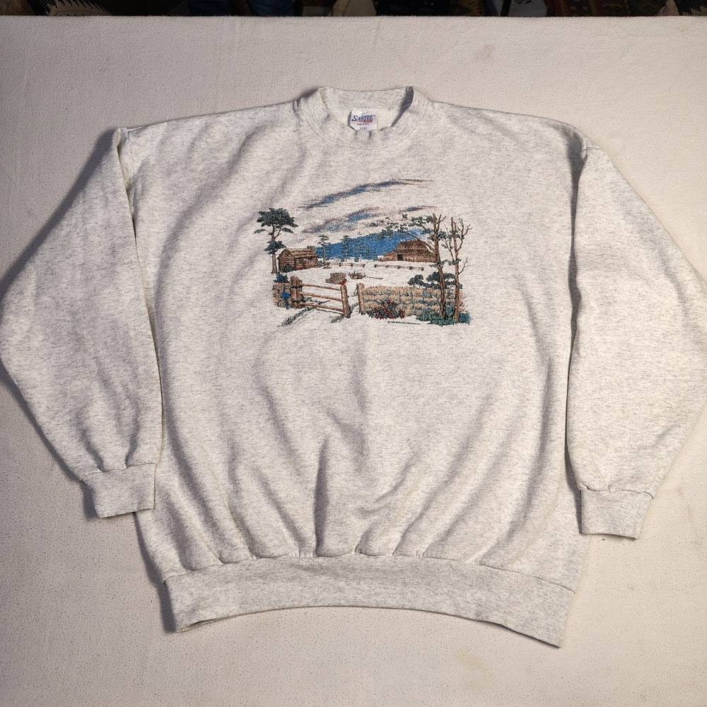 Vintage 90s Santee Unisex Sweatshirt XXXL Gray Cotton Winter Cabin Graphic 1995